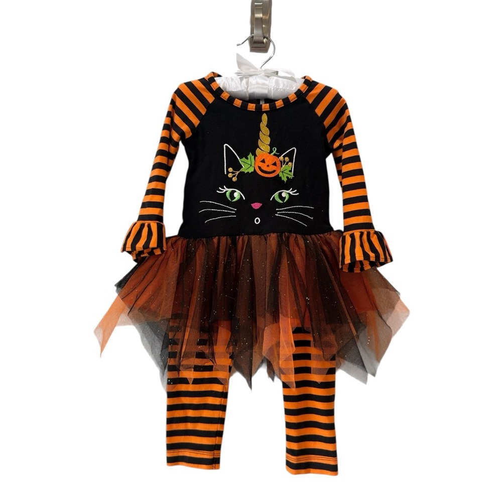 Toddler Girls Black Orange Black Cat Pumpkin 2 pc Set with Sparkle tutu 18/24M